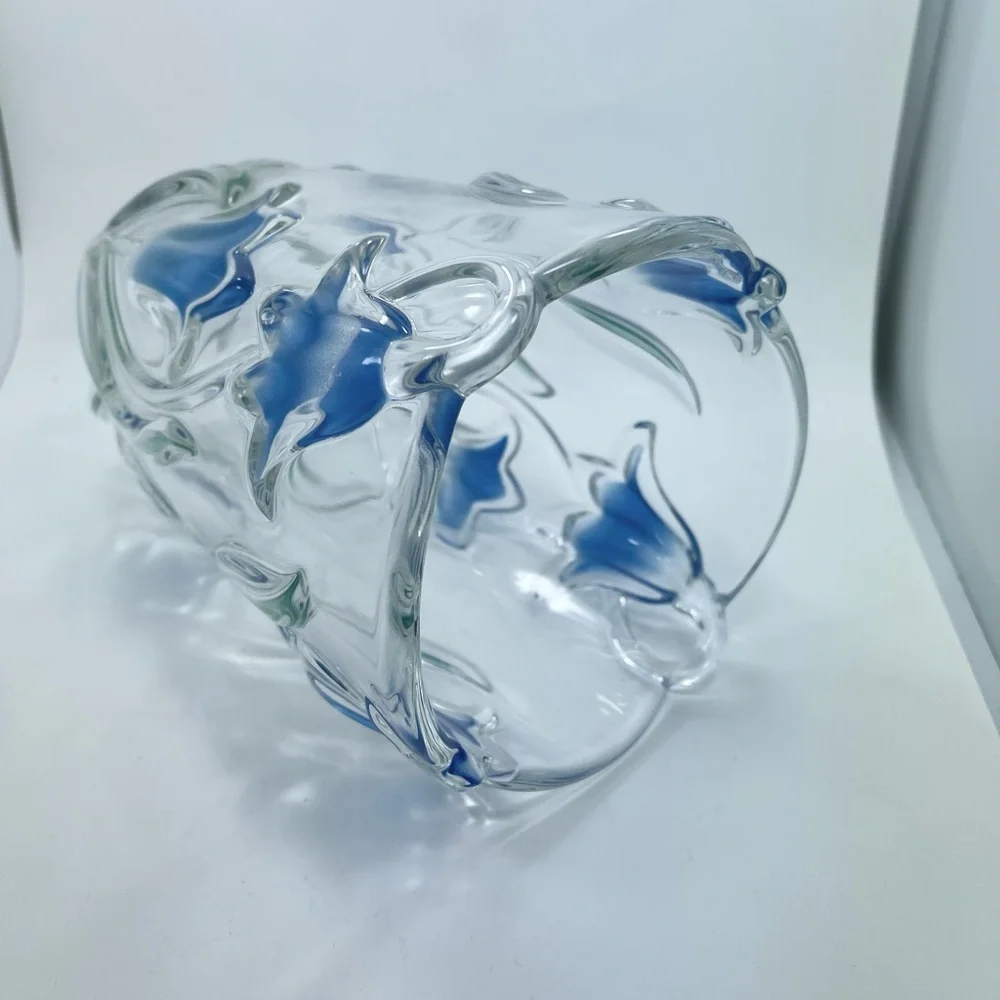 Mikasa Bluebells Vase Embossed Glass Blue Tulips Green Leaves Relief 8" Tall - Picture 3 of 7